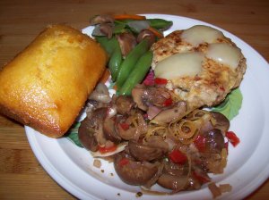 Marinated Mushrooms serve with cornbread, turkey burger and snap pea salad