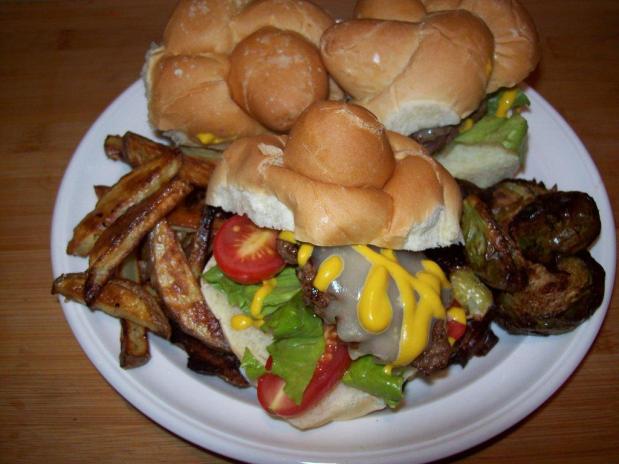 Sliders and Crispy Brussel Sprouts and oven Baked&nbsp;Fries