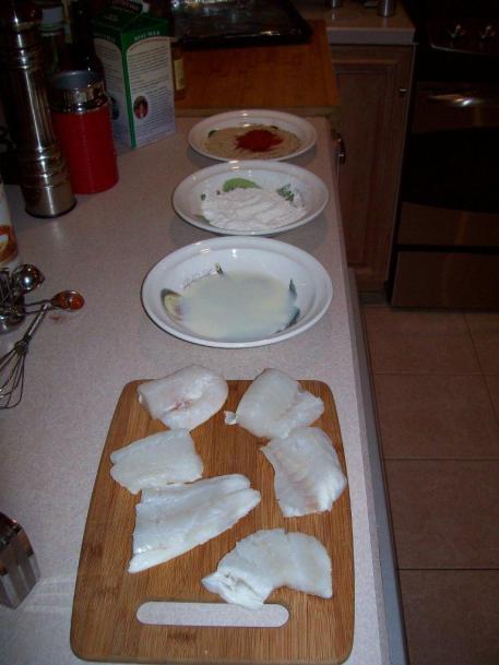 Cut fish, prepare milk flour and bread crumbs
