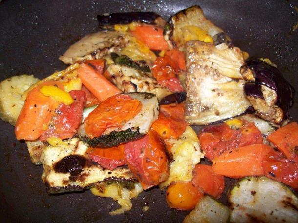 Roasted eggplant, zucchini, carrots and baby roma tomatoes