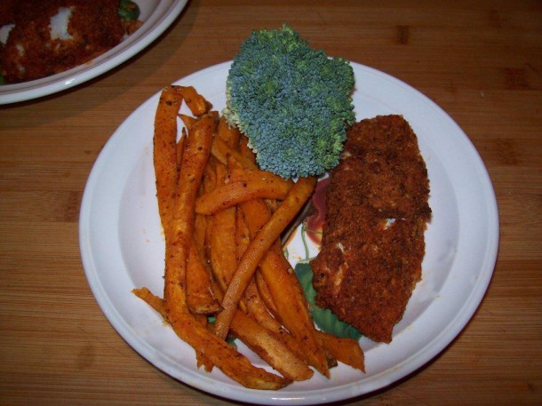 Spicy Oven-Baked Fish and Sweet Potato Chips