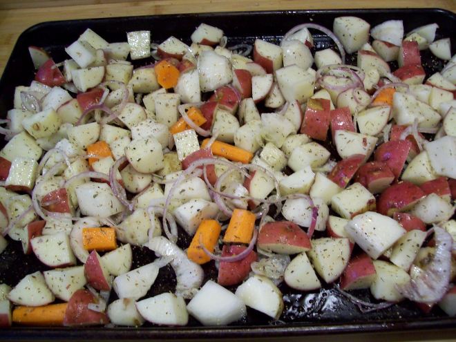 cut into 1 inch pieces and toss in olive oil salt and pepper and thyme