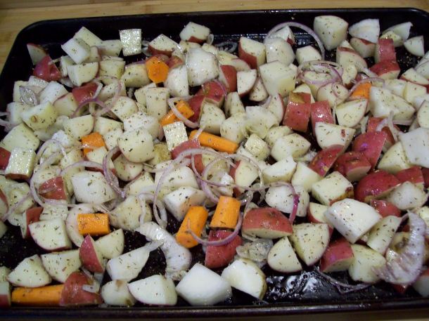 cut into 1 inch pieces and toss in olive oil salt and pepper and thyme