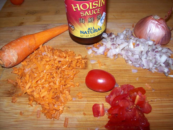 Minced carrots, shallots and tomato