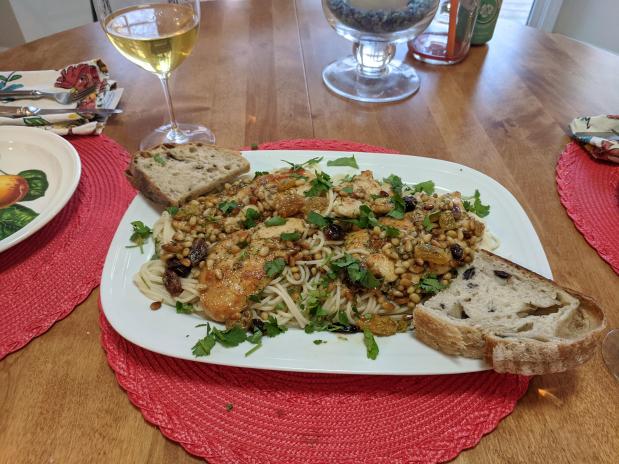 Chicken Cutlets on Spaghettini with Toasted Pine Nuts and&nbsp;Raisins